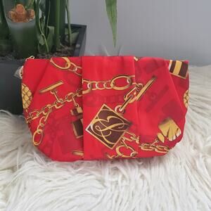 Estee Lauder Red Chain Pattern Zipper Cosmetic Makeup Bag NWT